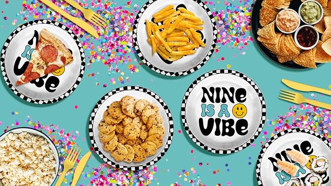 Nine is a Vibe Smiley Face Ninth Birthday - 32 Piece Disposable Party Supplies - Decorations for 9th Birthday Round Party Plates - Large 9" Paper Plates In Bulk