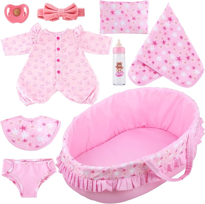 GAGAKU 18 Inch Doll Bassinet - Baby Doll Bed with Carry Handle & Pink Accessories Set for Girls & Kids, Reborn Baby Dolls Accessories