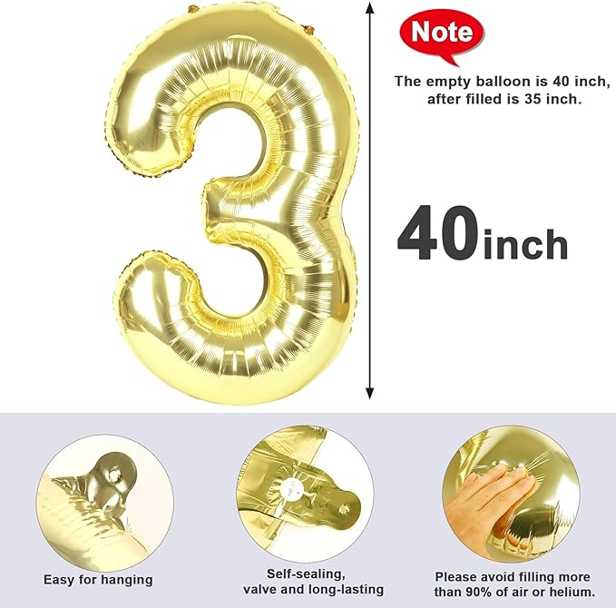 Numbers Balloon 3, 40 Inch Large Light Gold Balloon for Three Year Old Birthday Decor, 3 13 30 31 Birthday Party Decorations for Wedding Supplies
