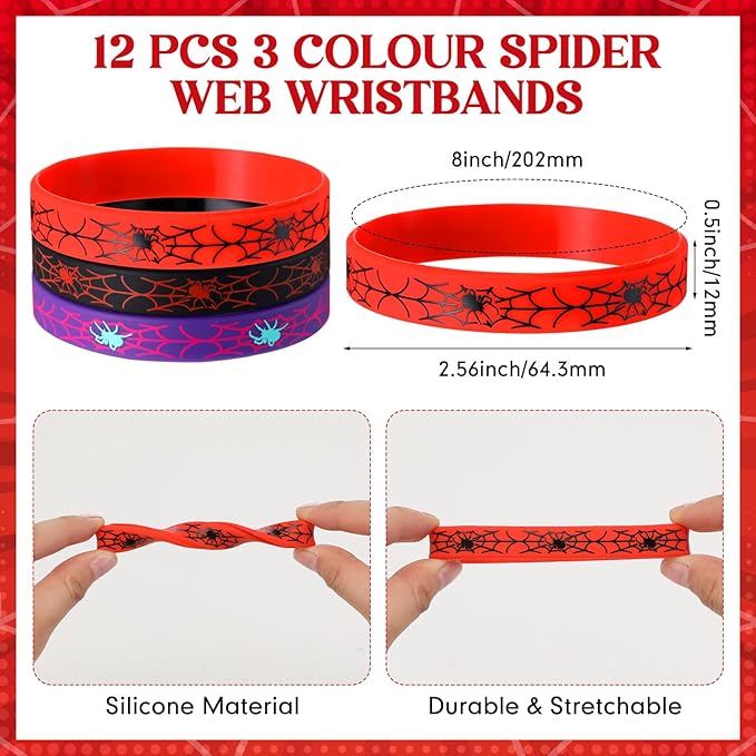 Kingdder 24 Pcs Spider Web Sunglasses and Silicone Wristbands Bracelets Spider Birthday Theme Party Favors Black Red Blue Party Decorations Supplies Gifts (Assorted)