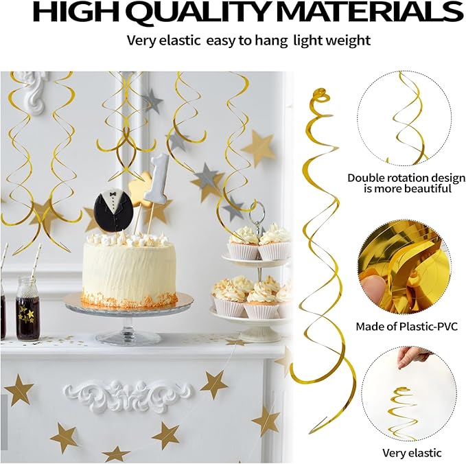 30 Pieces Hanging Swirl Party Decorations Foil Decorations Ceiling Swirl Spiral Hanging Plastic Streamer for Ceiling Birthday Graduation Wedding Celebration Baby Shower Party Supply (Gold)