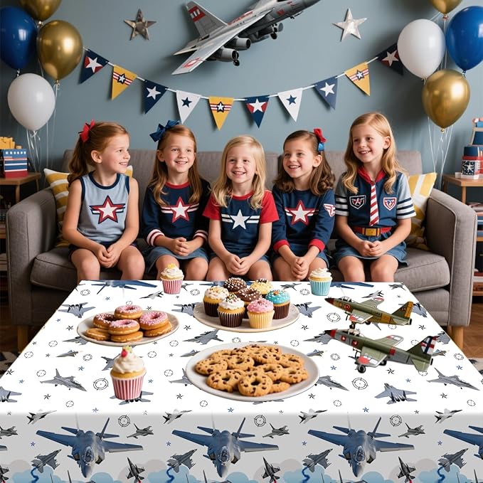 4 Pcs Fighter Jet Pilot Party Tablecloth Decorations, Waterproof Rectangular Table Cover, for Pilot Aviation Party Supplies 52 x 108 Inch