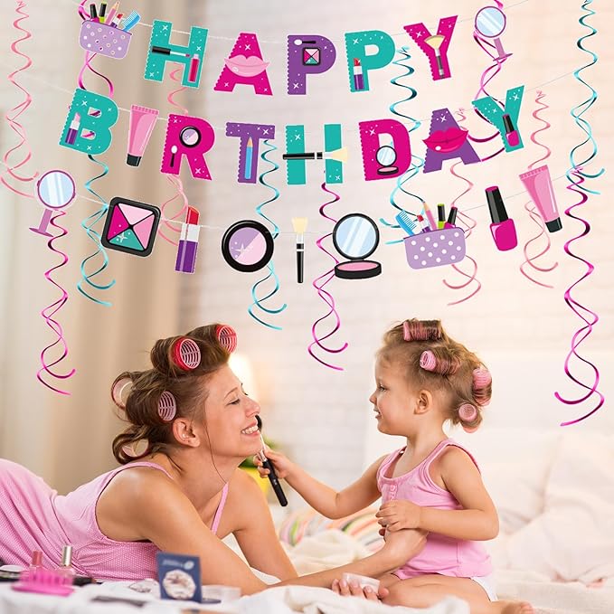 Roetyce Makeup Birthday Party Decorations - 46PCS Kit, Pink Spa Themed Birthday Supplies With Banner, Balloons, Cake Topper