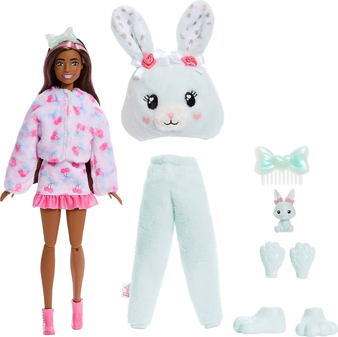 Barbie Cutie Reveal Doll & Accessories, Cuddly Series Bunny with 10 Surprises Including Color Change & Mini Pet