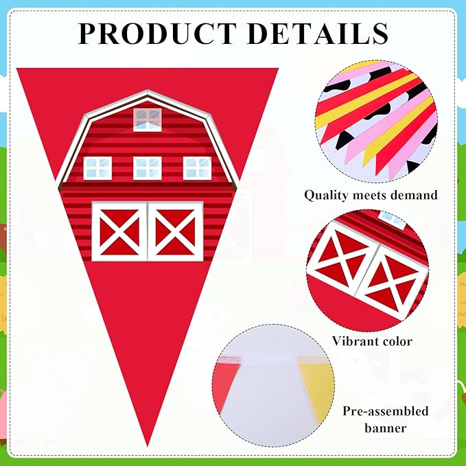 HESTYA 5 Pack 49 Ft Farm Animals Birthday Banner Pre-Strung Red Gingham Barnyard Decorations Cartoon Pig Cow Chick Triangle Flags Bunting Garland for Baby Shower Farmhouse Birthday Party Supplies