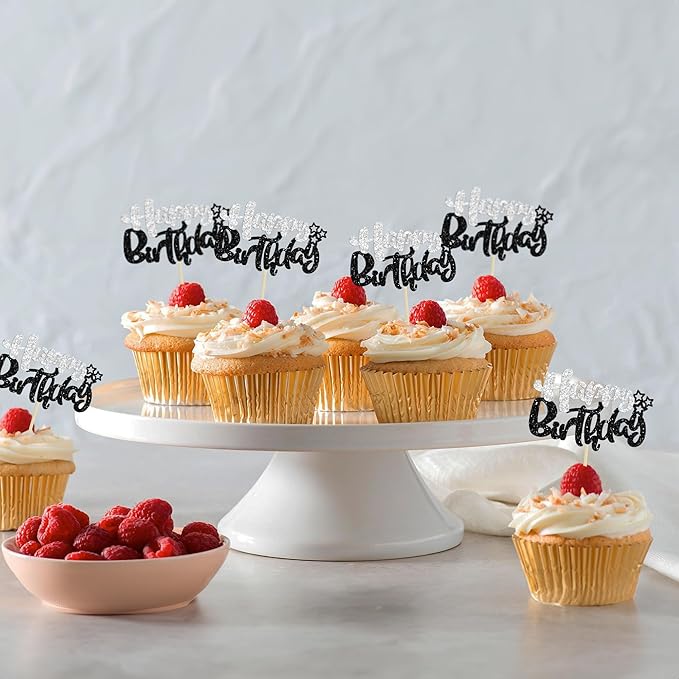 Ephlyn 24Pcs Happy Birthday Cupcake Toppers - Black Silver Glitter - Double Layer - Perfect for Birthday, Baby Shower & Anniversary Parties