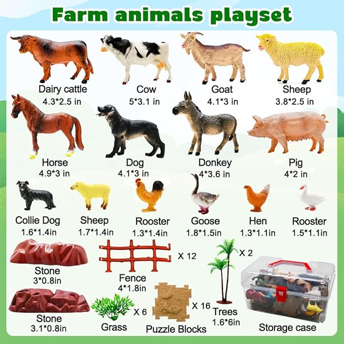 BOLZRA Farm Animal Figurines, Realistic Plastic Animals Toys with Fences Building Blocks, Farm Figures Playset Educational Christmas Birthday Gift for Kids & Toddlers, 53 PCS