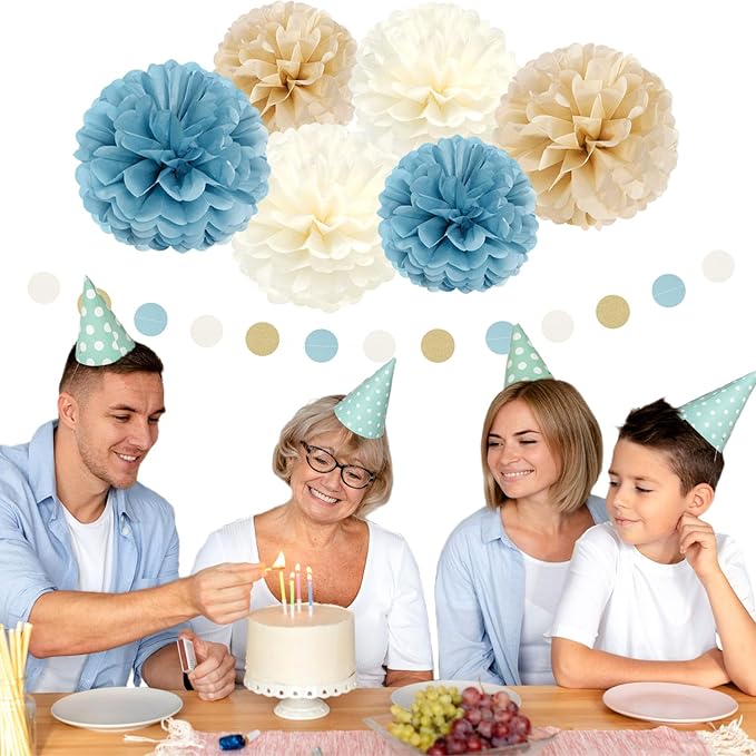 Light-Dusty Blue Beige-Champagne Boho Party Decorations - 23pcs Baby Bridal Shower Tissue Pom Poms Streamers,Women Girls Birthday Tassel Garland Banner,Bachelorette Wedding Decor Backdrop Ouruola