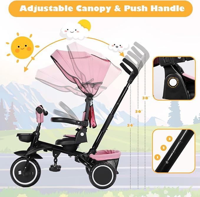 Folding Kids Tricycle, 8 in 1 Toddler Trike W/Removable & Adjustable Canopy, Parent Handle, 5-Piont Harness, Toddler Bike Tricycle for Kids 1-6 Years, EVA Wheels, Storage Basket, Pink
