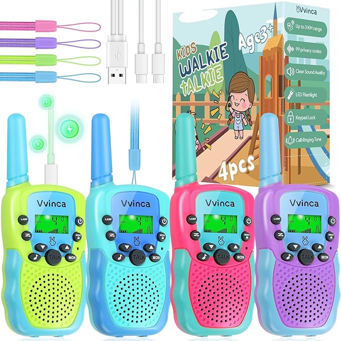 Vvinca Walkie Talkies for Kids Rechargeable 4 Pack, 3 Mile Walkie Talkie Long Range, Christmas Birthday Gift for Age 3-12 Boy Girl with Flashlight 22CH 2 Way Radio for Adventure Camping Outdoor Hiking