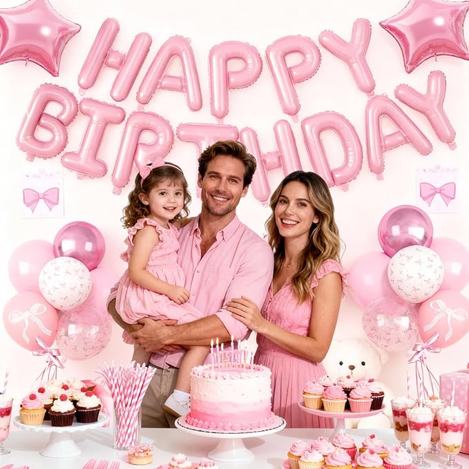 29PC Bow Happy Birthday Balloon Banner, 16Inch 3D Aluminum Letter Banner Sign, White Pink Printed Balloon 18 Inch Pink Star Foil Balloons for Bow Birthday Party Decorations