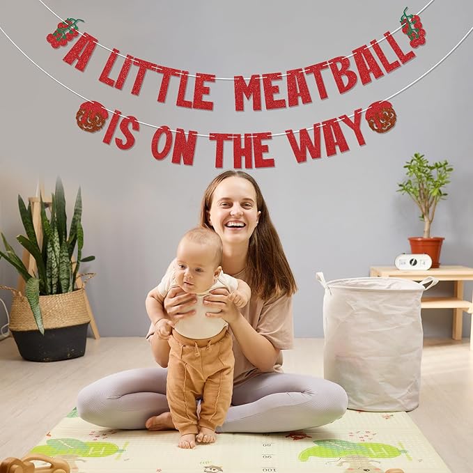 A Little Meatball is on the Way Banner - Italian Tomatos Meatball Baby Shower Decorations New Parents Italian Food Pasta Baby Shower Party Supplies Red Glitter