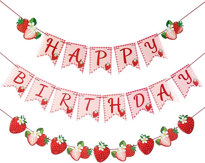 Paper Jazz Strawberry Hanging Banner Decorations，Red Fruit Banners Happy Birthday, Red Berry First Birthday Party Supplies for Theme 1st Birthday And Garden Party,Strawberry Themed Party Favors.