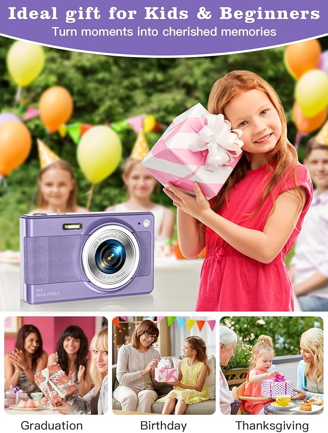 Upgrade Kids Camera, 56MP FHD 1080P with 16x Zoom, Anti Shake, 32GB TF Card, Two Batteries, Lanyard - Compact Small Camera for Kids Boys Girls (Purple)