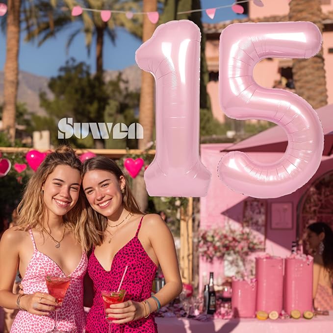 SUWEN 40 Inch Pink Large 15 Number Balloons Big Foil Helium Number Balloons 0-9 Jumbo Happy 15th Mylar Birthday Party Decorations for Girl or Women 51 Anniversary Party Supplies