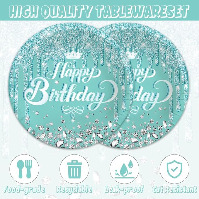 41pcs Teal and Silver Party Decoration,include 20pcs 7inch dessert plate,20pcs Napkin and 1pcs Tablecloth,Used for Blue and Silver Glitter Birthday Party Supplies