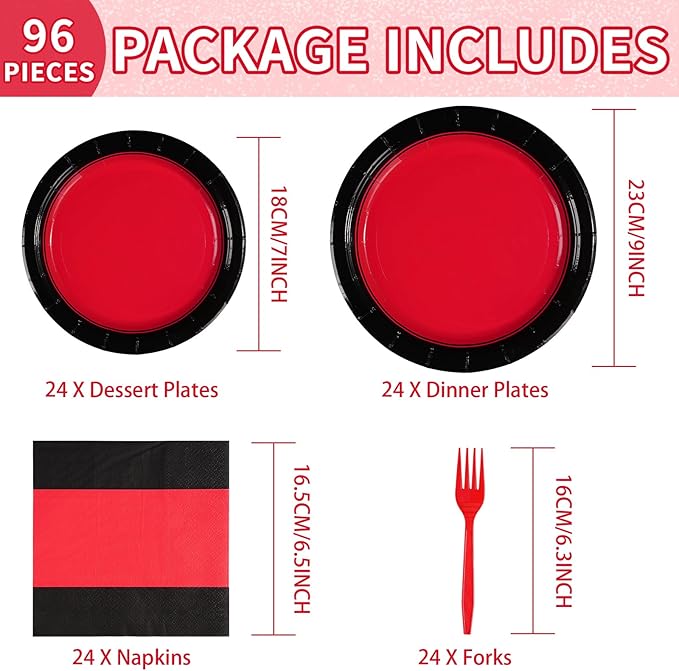 Grencian 96Pcs Red and Black Party Decorations Valentine's Day Red and Black Plates and Napkins Disposable Tableware Set for Birthday Wedding Valentine's Day Party Supplies, Serves 24