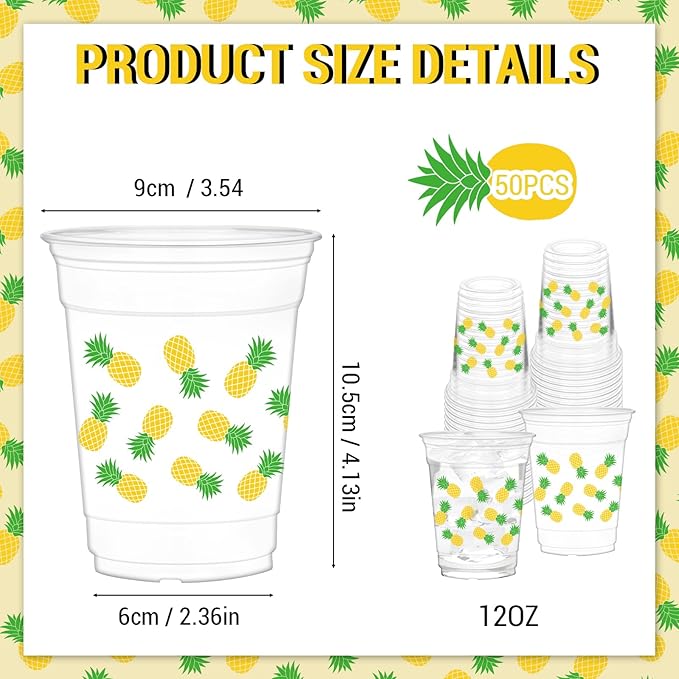 50Pcs Pineapple Cups, 12oz Pineapple Clear Plastic Cups for Yellow Fruit Themed Party Decorations Baby Shower Birthday Summer Tropical Party Supplies