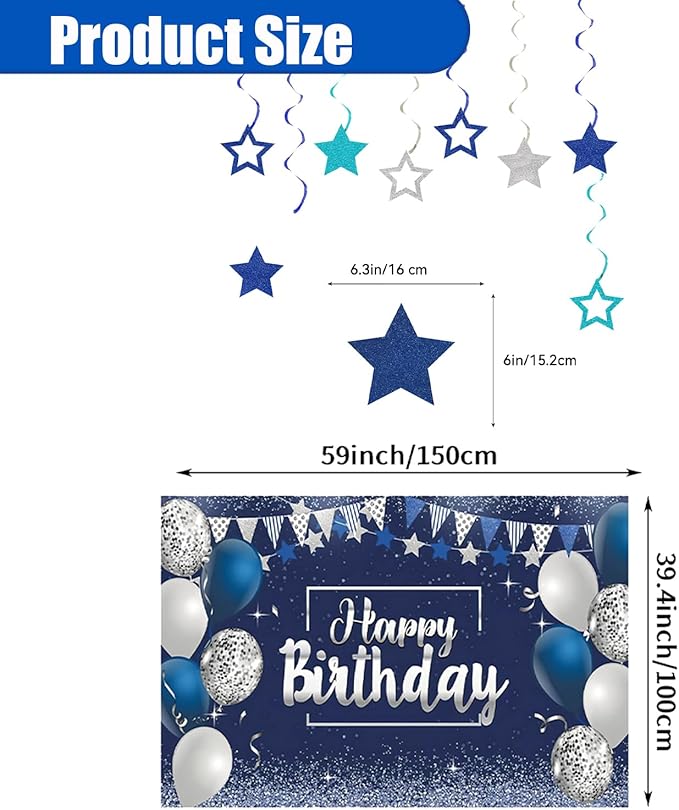 Blue Happy Birthday Decorations, 41 Pack Happy Birthday Banner, Balloons, Backdrop, Hanging Swirl, Honeycomb Ball and Circle Dot Garland Supplies for Birthday Party