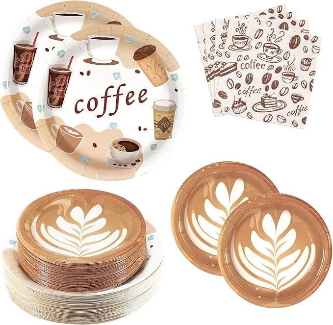 180Pcs Coffee Party Supplies Serves 60,Fun Coffee Cup Theme Paper Plates and Napkins Set for Baby Shower Birthday Party Decorations