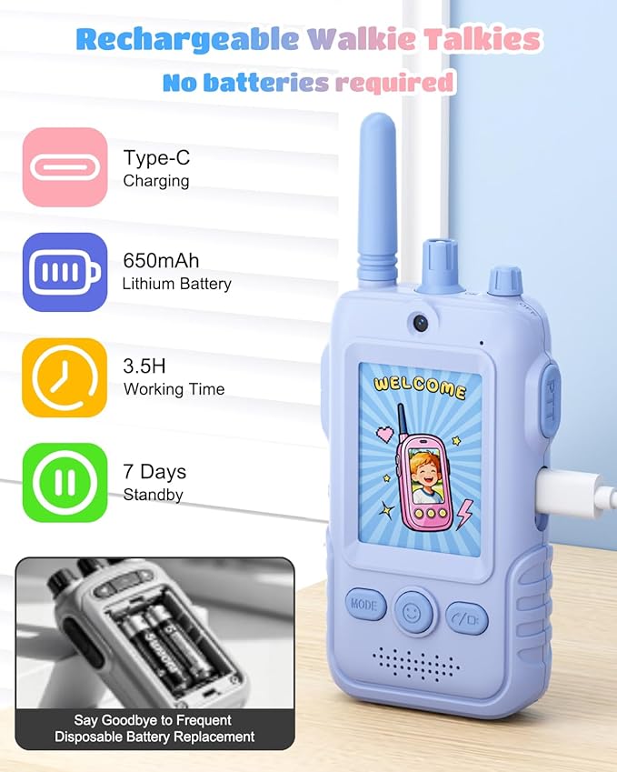 Walkie Talkies for Kids, 2 Pack Rechargeable Video Intercom Kids Walkies Talkies, Indoor Outdoor Toys Gifts for Family Games, Outside, Camping, Hiking for Boys Girls Ages 3-6(Pink+Blue)
