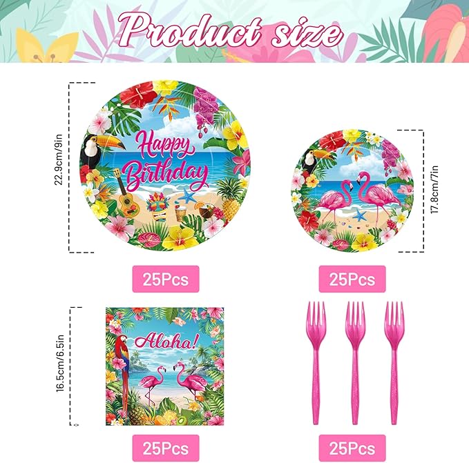 100 Pcs Tropical Aloha Flamingo Birthday Party Supplies Set - Serves 25, Hawaiian Luau Disposable Tableware, Includes Paper Plates, Napkins, Forks for Summer Beach Birthday Pool Decorations
