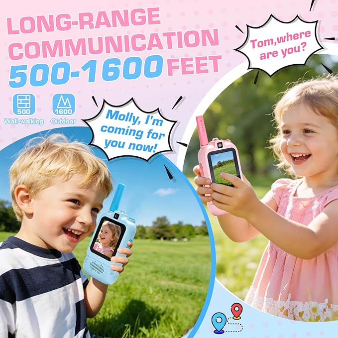 Dual Camera Video Walkie Talkies for Kids: Long Range Rechargeable Video Walkie Talkies with Dual Cameras, Outdoor Outside Camping Games, Birthday Gifts for Boys and Girls Age 3-8