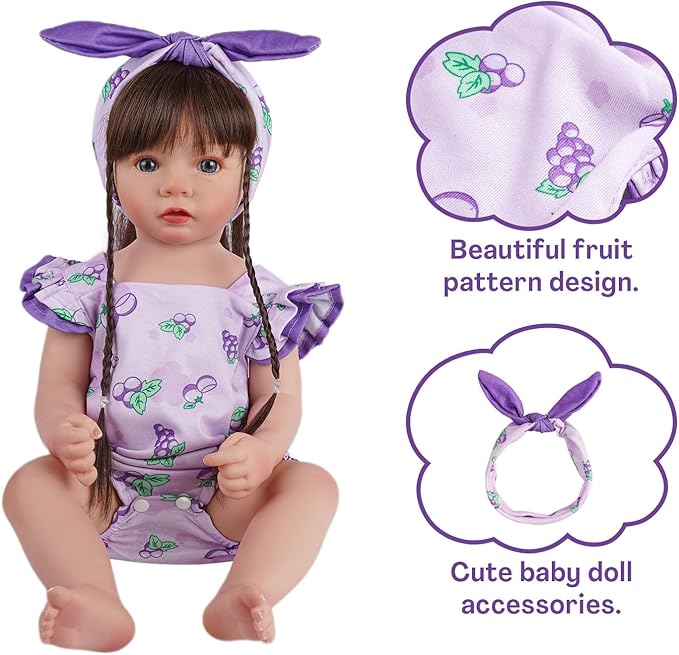 BABESIDE 2 Pcs Reborn Baby Doll Clothes Set for 17-22 Inch Babydolls, Fruit Pattern Baby Dolls Clothes Accessories with Headband for Realistic Babydoll Girl, Purple Grapes