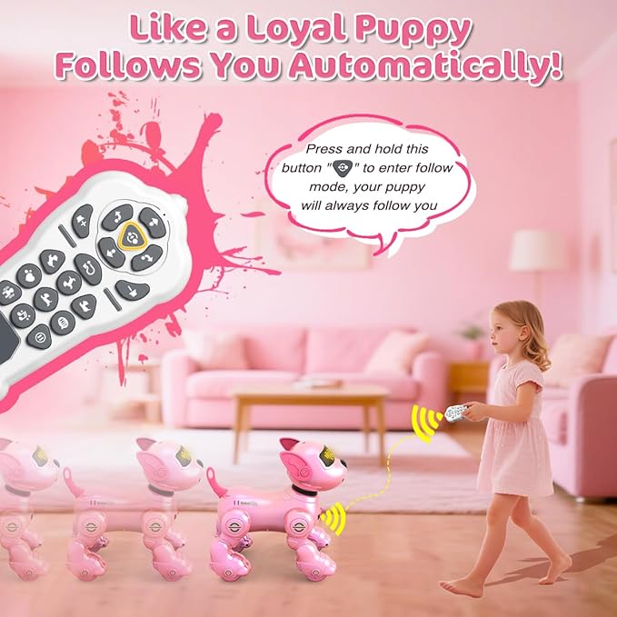 VATOS New Kids Remote Control Robot Dog, 17 Fun Interactive Functions Intelligent Programmable Kids Robotic Puppy with 2 Batteries, Singing Dancing Walking Robot Dog Toy for Girls 3-8 Years Old, Pink