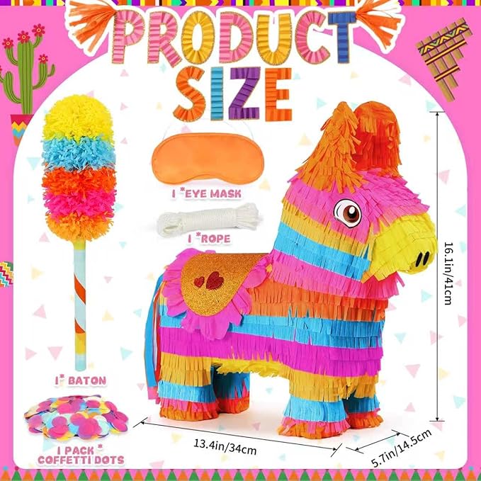 Cinco De Mayo Donkey Pinata with 24" Stick and Rope | Large Rainbow Piñata Decorations for Birthday Party, Taco Tuesday, Mexican Theme Fiesta (16 X 13.5 X 5.7 In)