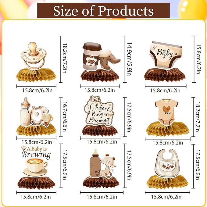 Gameza a Baby is Brewing Baby Shower Decorations, 9PCS Coffee Baby Shower Party Honeycomb Centerpieces Table Decorations, Coffee Themed Gender Reveal Decor Supplies
