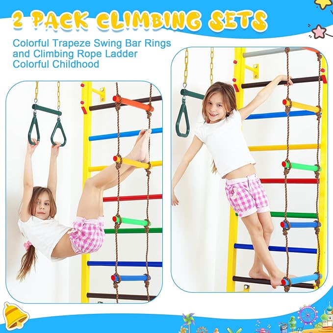 ShinyRelief 2 Pack Gym Swing Sets 48'' Trapeze Swing Bar Monkey Bar Heavy Duty Chain with Locking 6.8ft Climbing Rope Ladder Climbing Game for Accessories Tree House Playground Outdoor Play(Green)