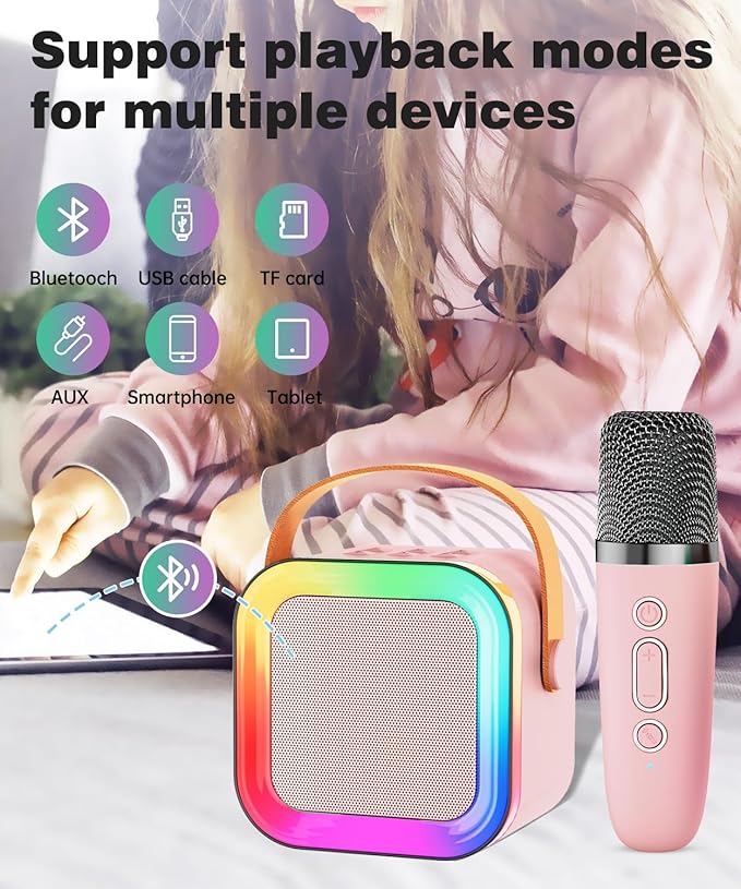 Mini Karaoke Machine Speaker for Kids Adults,Portable Bluetooth with 1-2 Wireless Microphones,Christmas Birthday Gifts Toys Girls Boys Ages 4, 5, 6,7, 8,9,10,11,12+ Years Old Toddler (Pink - 2 Mic)