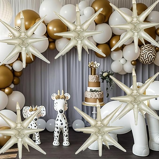 6 Pcs Cream Color Star Foil Balloons One-Piece 14-Pointed Star Balloon 4D Starburst Cone Mylar Balloon 22inch Christmas Birthday Wedding Wedding Anniversary Party Supplies(Cream Color)