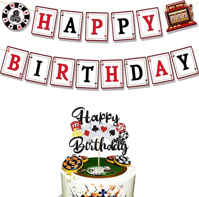 Casino Theme Party Decorations Poker Night Happy Birthday Banner With Glitter Las Vegas Casino Cake Decorations Poker Cake Topper Casino Party Supplies, Caisno
