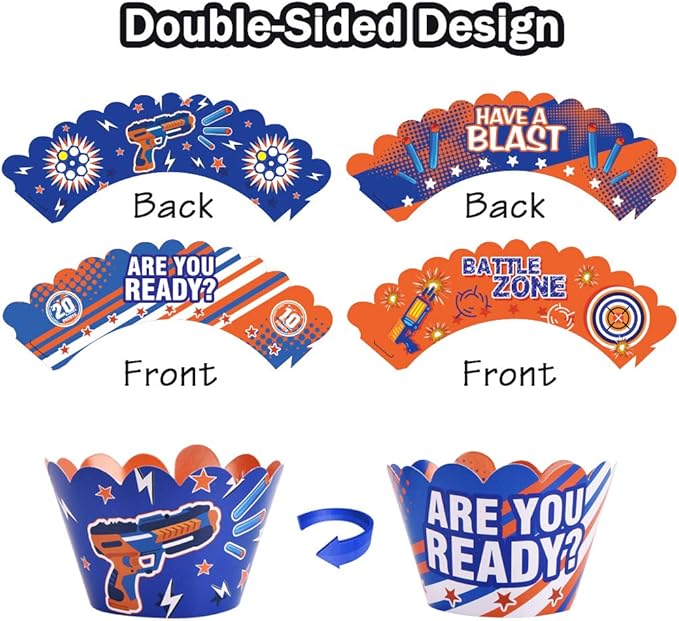 Dart War Party Cupcake Toppers Wrappers Kids Birthday Gun Picks Target Bullet Dart War Party Supplies Decoration -48 Piece