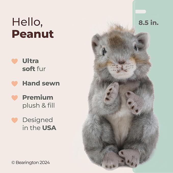 Bearington Peanut Squirrel Stuffed Animal Plush Toy - 8.5" Realistic Squirrel Plush with Soft Fur and Lifelike Details - Cuddly Squirrels Stuffed Animal Gift for Kids and Woodland Animal Lovers