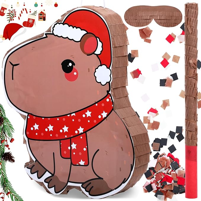Christmas Capybara Piñata for Kids Birthday Party 15.7 x 10 x 2.8 Inches Santa Hat Animal Piñata with Bat Blindfold and Confetti for Baby Shower Photo Props Decoration