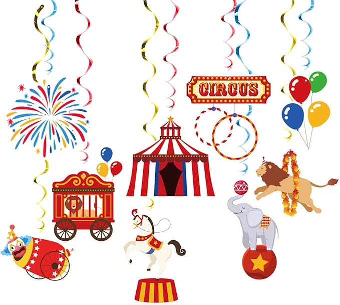 Carnival Hanging Swirl Set Party Decorations, 48 Pcs, Circus Joker Balloon Party Supplies Sign,Red Blue Yellow