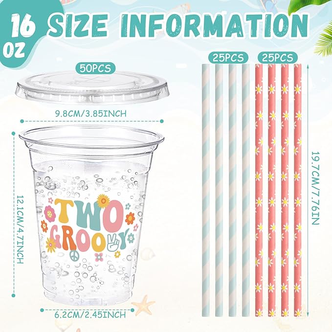 Yungyan 50 Sets Two Groovy Plastic Cups with Lids and Straws 16 oz Two Groovy Birthday Decorations Hippie Daisy Coffee Juice Drinking Cups for Flower Boho Birthday Baby Shower Party Supplies