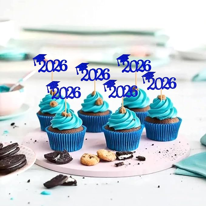 24 Pcs graduation cupcake toppers 2026, Food/Appetizer Picks For Graduation Party Mini Cake Decorations, 2026, Cupcake Toppers(Blue)