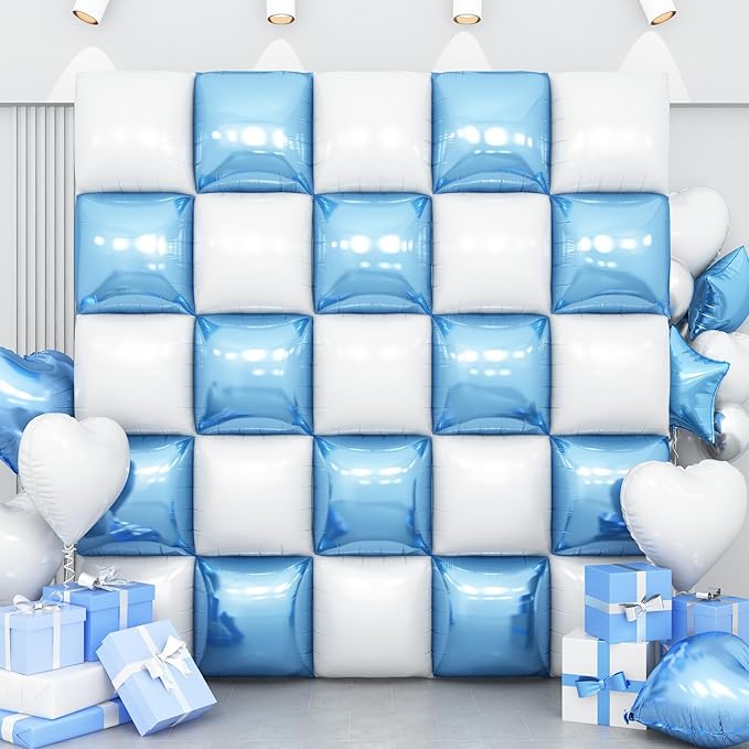 Blue White Square Foil Balloon Wall,25Pcs Double Sided Foil Balloons Backdrop Helium Polyester Tunnel Arch Garland Kit for Birthday Bridal Anniversary Baby Shower Party Decorations