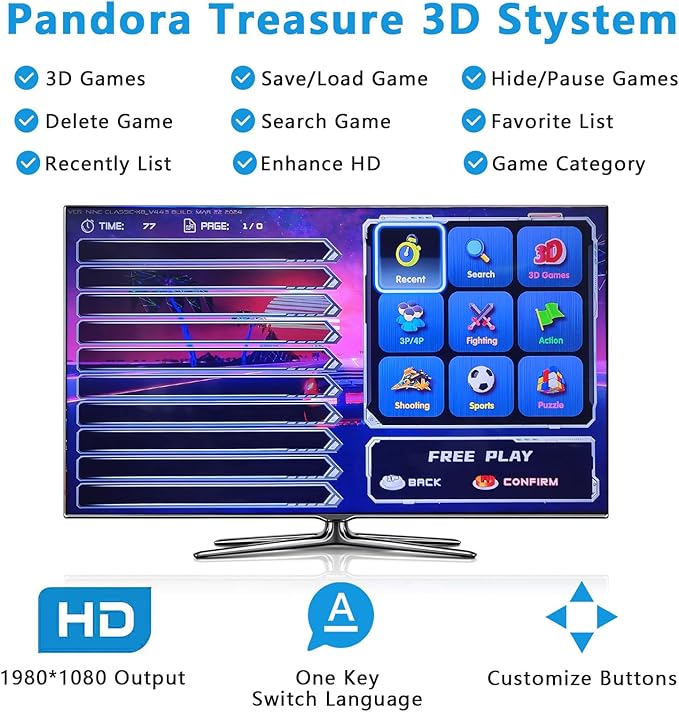 [32000 in 1 78S Pandora Box Arcade Game Console Compatible PC & Projector & TV,3D Games 1-4 Players Double Joystick Favorite List Game Category Save/Search/Hide/Pause/Delete Games.(Blue)
