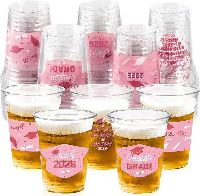 GuassLee Rose Gold Graduation Decorations 2026 Party Cups - 50pcs 12 Oz Rose Gold Disposable Graduation Plastic Clear Cups for Drinks Class of 2026 Grad Party Supplies