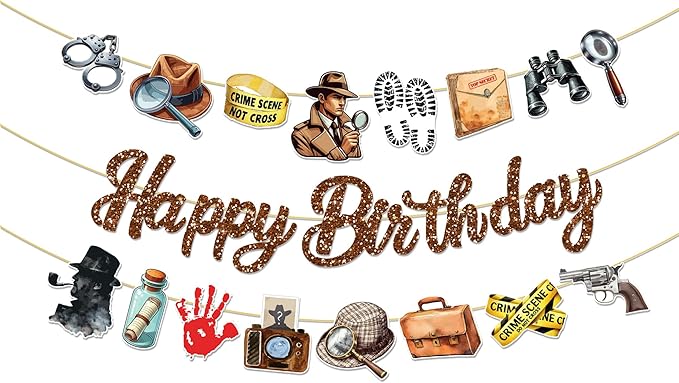 CC HOME 3Pcs Detective Happy Birthday Banner Magnifying Glass Camera Party Hanging Banner Detective Theme Birthday Bridal Wedding Baby Shower Boys Girls Kids Home Classroom Party Supplies Decorations
