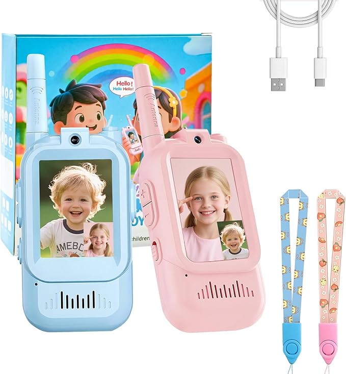 Video Walkie Talkies for Kids 2 Pack Rechargeable, Kids Walkie Talkies Long Range with screen & Voice Changer - Indoor/Outdoor Camping Toys, Great Christmas Birthday Gifts for 3-12 Year Boys and Girls