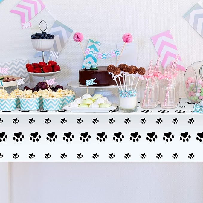 Tatuo 2 Pcs Puppy Paw Print Plastic Tablecloth Disposable Table Cover Puppy Themed Birthday Party Decorations for Dog Party Supplies (Black,108 x 54 Inch)
