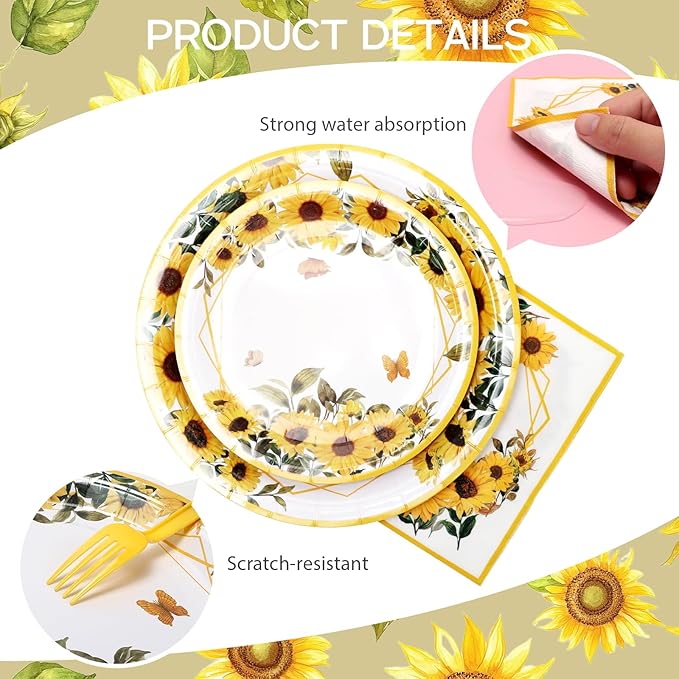 100Pcs Sunflower Paper Plates and Napkins and Cups Flower Floral Fall Party Plates for 25 Guest Wedding Baby Shower Kids Birthday Party Supplies Decoration