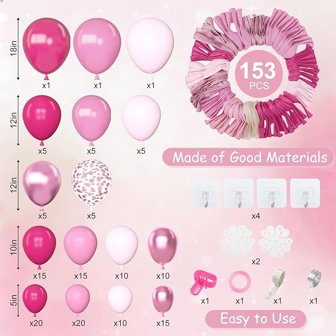Amandir 153 Pcs Pink Balloon Arch Garland Kit, Different Sizes 18 12 10 5 inch Latex Metallic Confetti Hot Pink Balloons for Valentines Day Baby Shower Birthday Princess Wedding Party Decorations