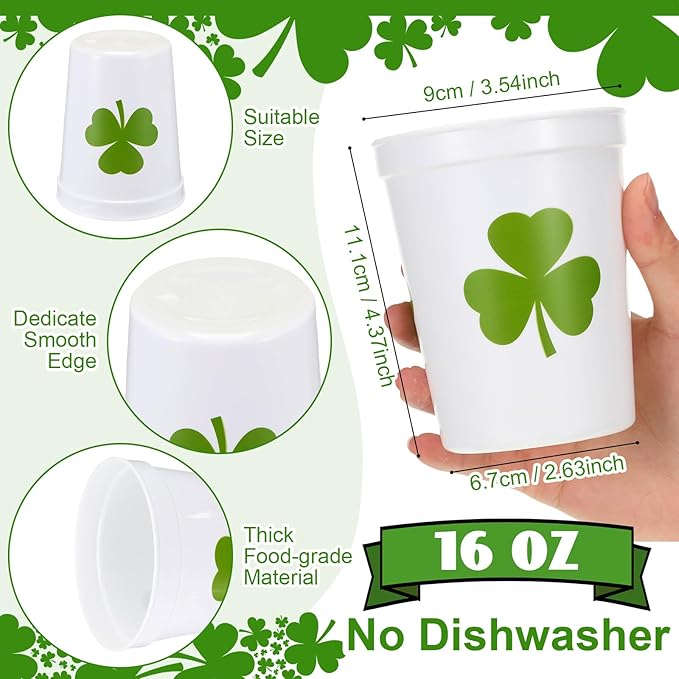 Patelai 32 Pcs St Patricks Day Party Plastic Cups Bulk 16 oz Reusable Lucky Shamrock Cups for St Patricks Day Party Adults Drink Snacks Irish Festival Favors Supplies(White)